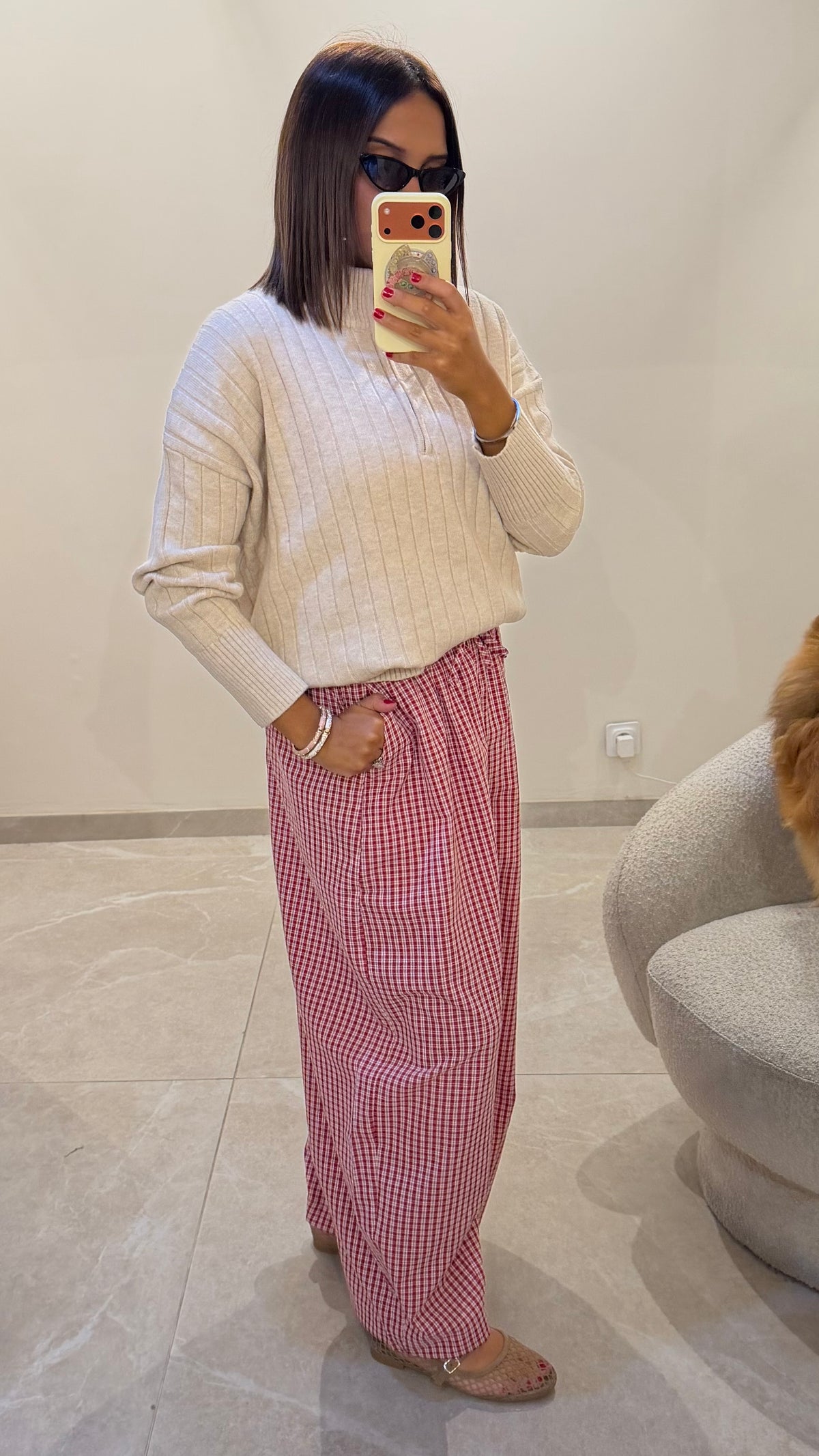 PANTALON ROUGE A CARREAUX